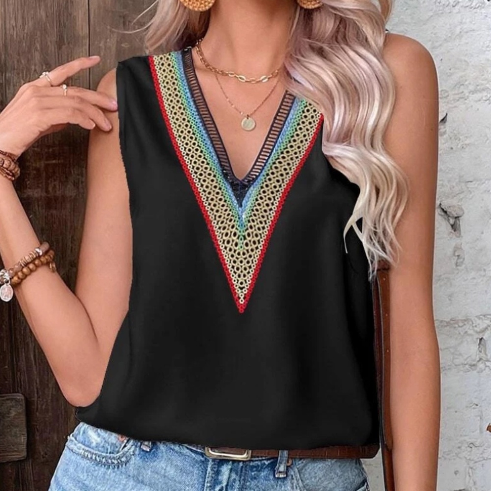 Black V-Neck Embroidered Tank Top